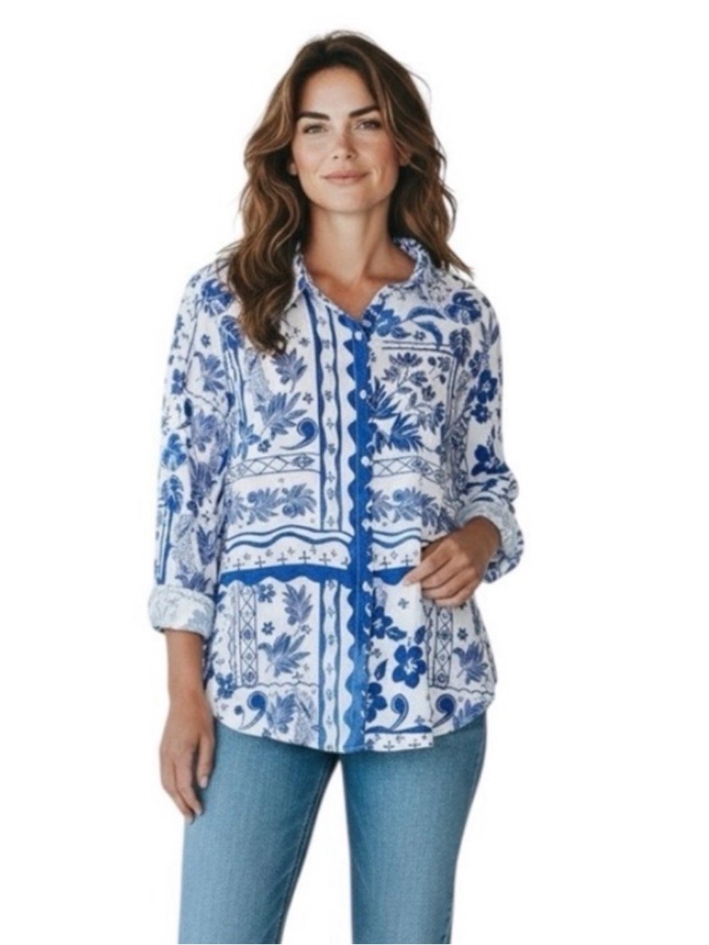 Joie Blue and White Floral 100% Linen Shirt size S